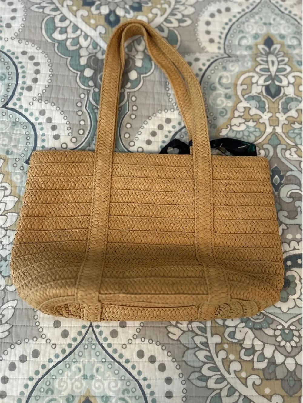 Draper James Straw Tote Bag with Floral Scarf Accent